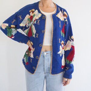 Vintage Belle Pointe Blue Knit Angel Beaded Gold Trim Holiday Cardigan L
